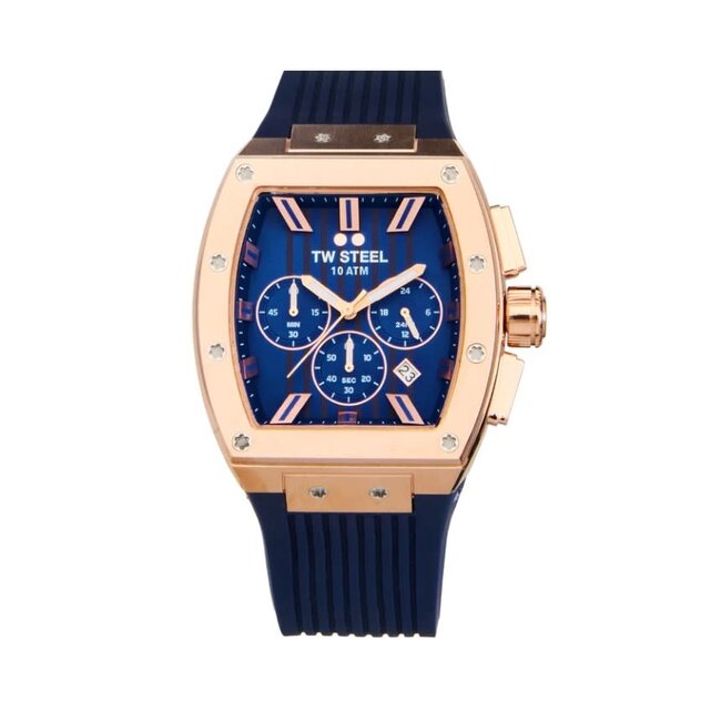 TW Steel TW Steel Horloge T03 Tonneau Staal met Rosegouden Plating Quartz Swiss Made Chronograaf met Blauwe Rubbere Horlogeband 42mm