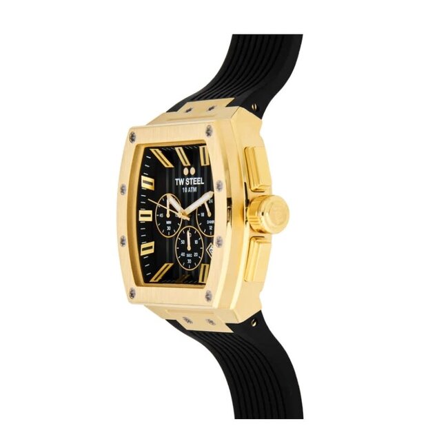 TW Steel TW Steel Horloge T02 Staal Rechthoekige Kast met Geelgouden Plating Quartz Chronograaf en met Rubberen Band met Vouwsluiting