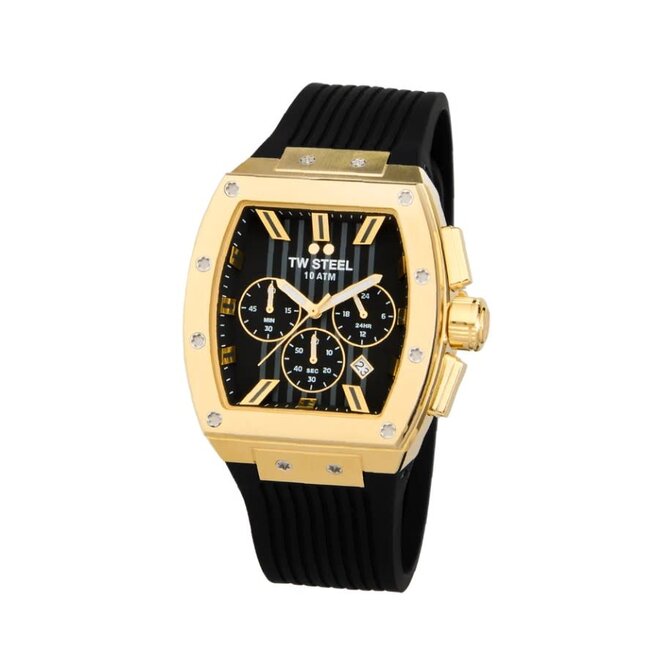 TW Steel TW Steel Horloge T02 Staal Rechthoekige Kast met Geelgouden Plating Quartz Chronograaf en met Rubberen Band met Vouwsluiting