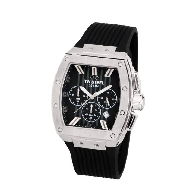 TW Steel TW Steel Horloge T01 Staal Rechthoekige Kast Quartz Chronograaf en met Rubberen Band met Vouwsluiting