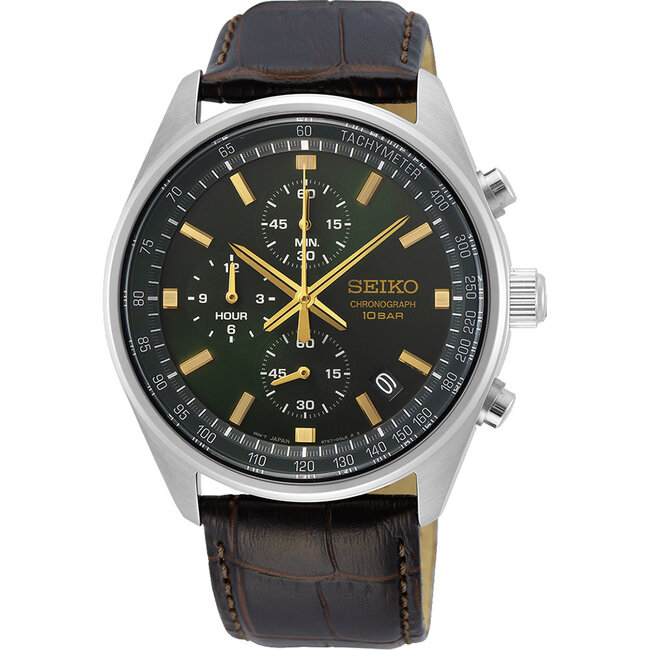 Seiko Seiko Horloge SSB385P1 Staal Chronograaf  met Groene Wijzerplaat en Bruin Leren Horlogeband 41.5mm
