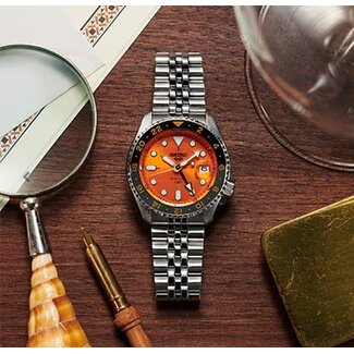 Seiko Seiko Horloge SSK005K1 5 Sport Staal GMT Automaat met Oranje Wijzerplaat 40mm