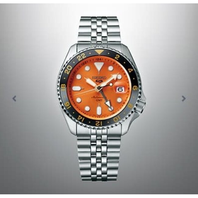 Seiko Seiko Horloge SSK005K1 5 Sport Staal GMT Automaat met Oranje Wijzerplaat 40mm