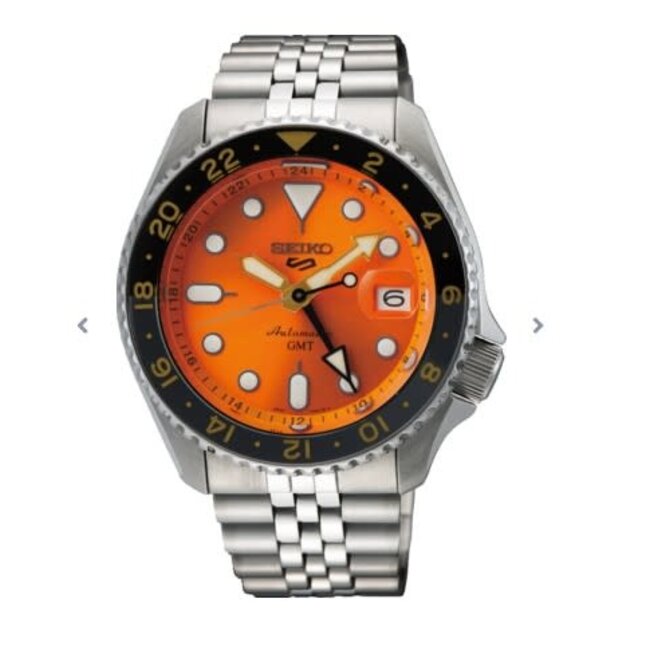 Seiko Seiko Horloge SSK005K1 5 Sport Staal GMT Automaat met Oranje Wijzerplaat 40mm