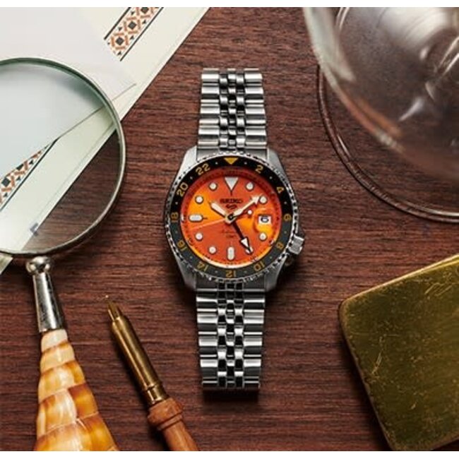 Seiko Seiko Horloge SSK005K1 5 Sport Staal GMT Automaat met Oranje Wijzerplaat 40mm