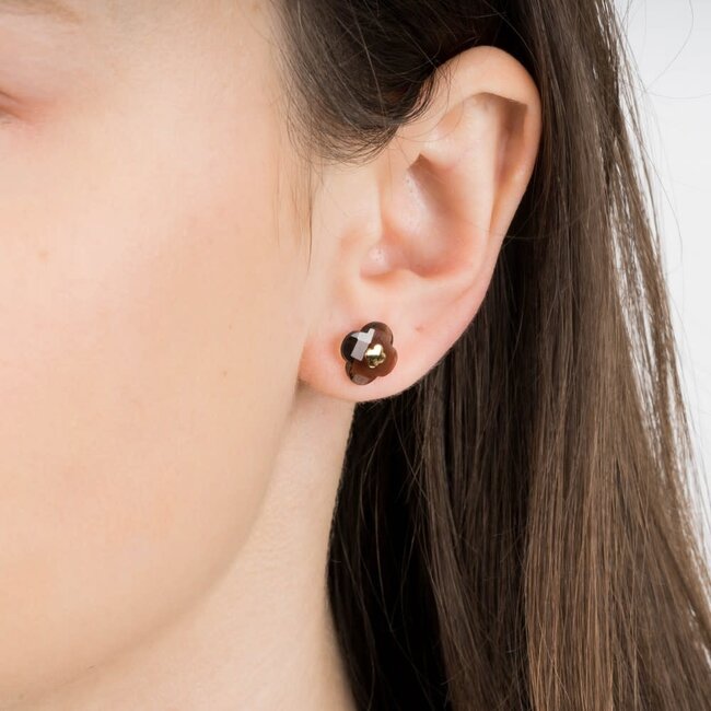 Morganne Bello Morganne Bello Oorbellen 3019YB120 Studs 18k Geelgoud Smoky Quartz Clover 10mm