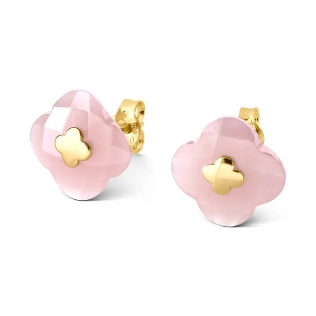 Morganne Bello Morganne Bello Oorbellen 3019YB145 Studs 18k Geelgoud Guava Quartz Clover 10mm