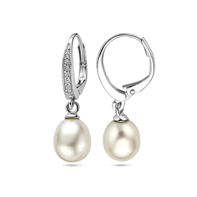 Blinckers Jewellery Huiscollectie BJ Oorbellen 13.43107 Zilver met Parel en Zirkonia met Brisurhaak 29mm