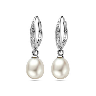 Blinckers Jewellery Huiscollectie BJ Oorbellen 13.43107 Zilver met Parel en Zirkonia met Brisurhaak 29mm