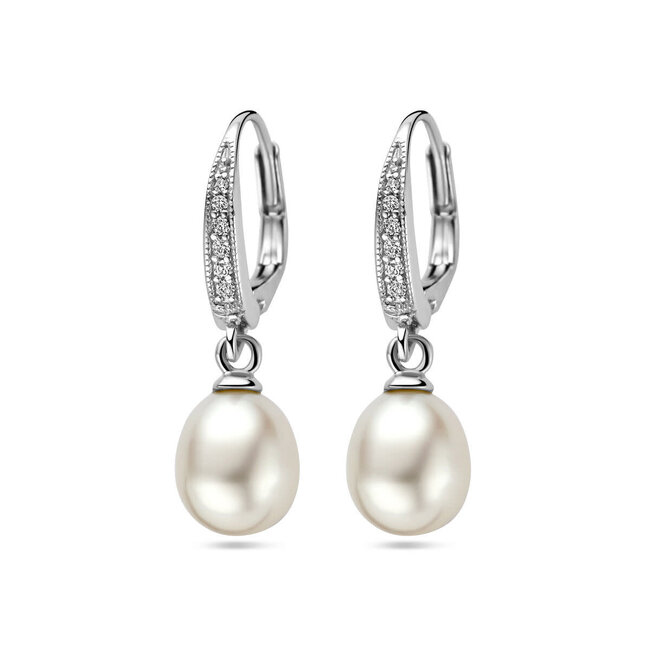Blinckers Jewellery Huiscollectie BJ Oorbellen 13.43107 Zilver met Parel en Zirkonia met Brisurhaak 29mm
