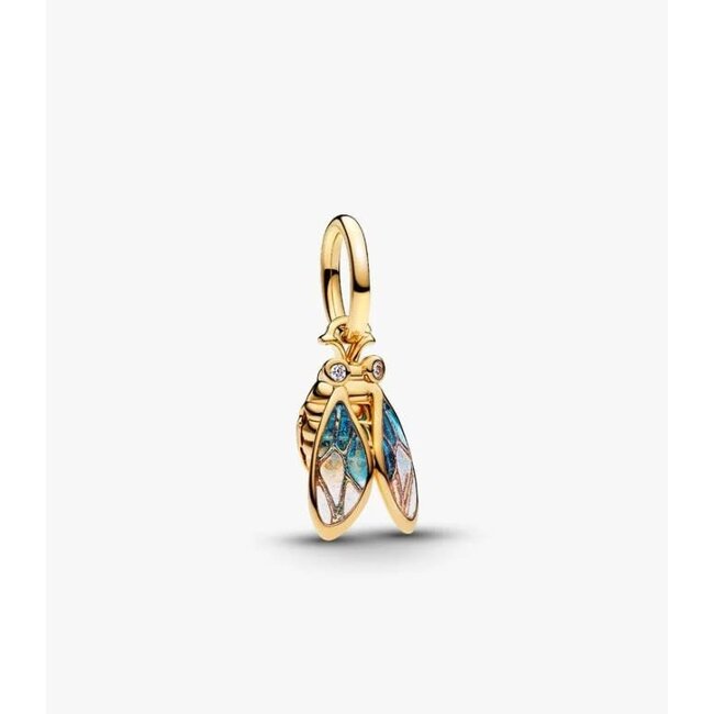 Pandora Pandora Bedel 764490C01 Zilver 14k Geelgouden Plating Cicada met Glitter Blauw en Zirkonia