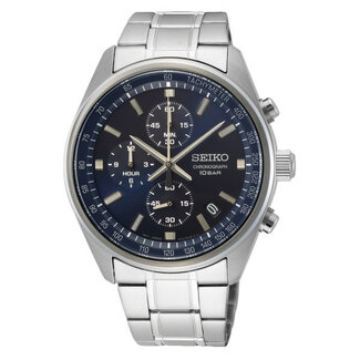 Seiko Seiko Horloge SSB377P1 Staal Quartz Chronograaf 100m Waterdicht en Blauwe Wijzerplaat
