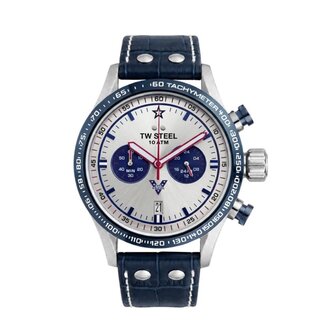 TW Steel TW Steel Horloge VS136 X Evel Knievel Staal Quartz Chronograaf 100m Waterdicht met Blauwe Leren Horlogeband 44mm