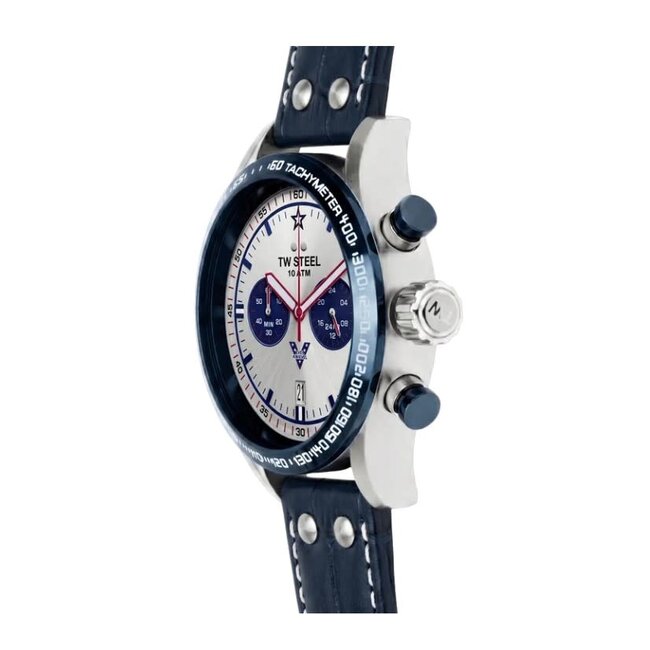TW Steel TW Steel Horloge VS136 X Evel Knievel Staal Quartz Chronograaf 100m Waterdicht met Blauwe Leren Horlogeband 44mm