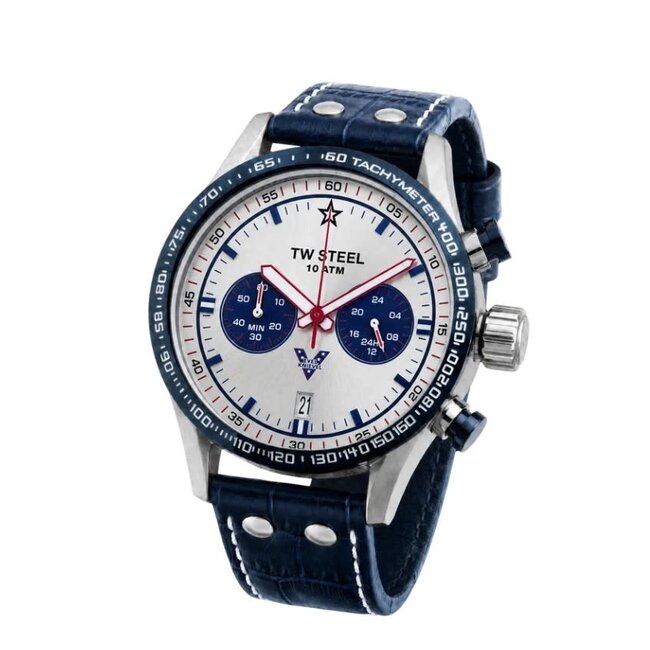 TW Steel TW Steel Horloge VS136 X Evel Knievel Staal Quartz Chronograaf 100m Waterdicht met Blauwe Leren Horlogeband 44mm