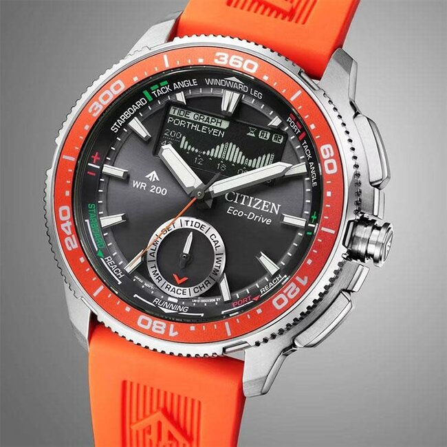 Citizen Citizen Horloge JV3000-13E Promaster Staal Analoog Digitaal Eco-drive 200m Waterdicht met Oranje Horlogeband 43mm