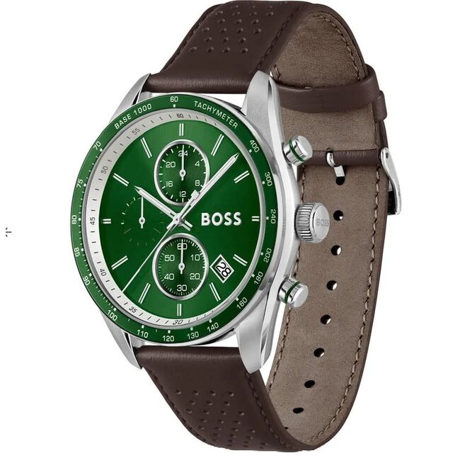 BOSS Boss Horloge HB1514342 Grand Prix Vitesse Quartz Bruine Leren Band met Groene Wijzerplaat 44mm
