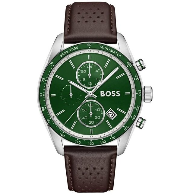 BOSS Boss Horloge HB1514342 Grand Prix Vitesse Quartz Bruine Leren Band met Groene Wijzerplaat 44mm