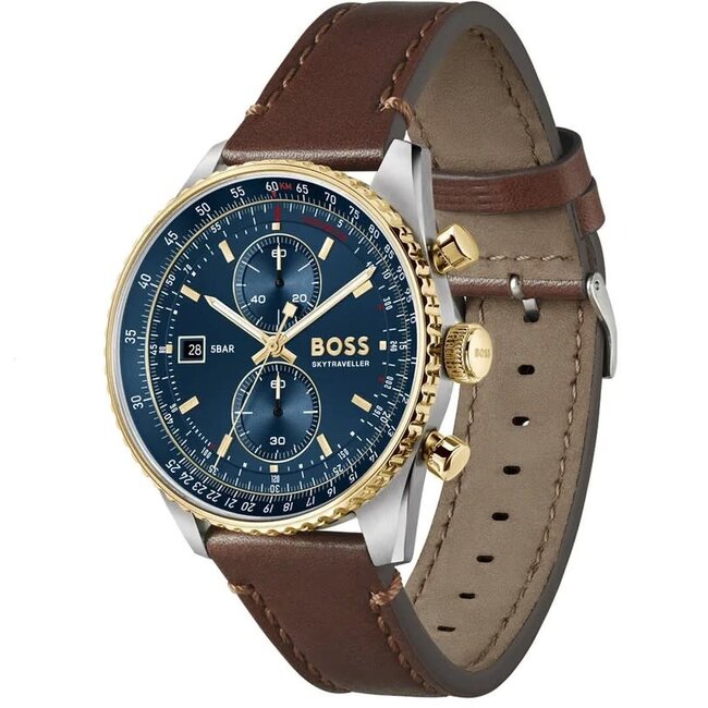 BOSS Boss Horloge HB1514346 Skytraveller Pro Staal Quartz  Bruine Leren Band met Blauwe Wijzerplaat 43mm