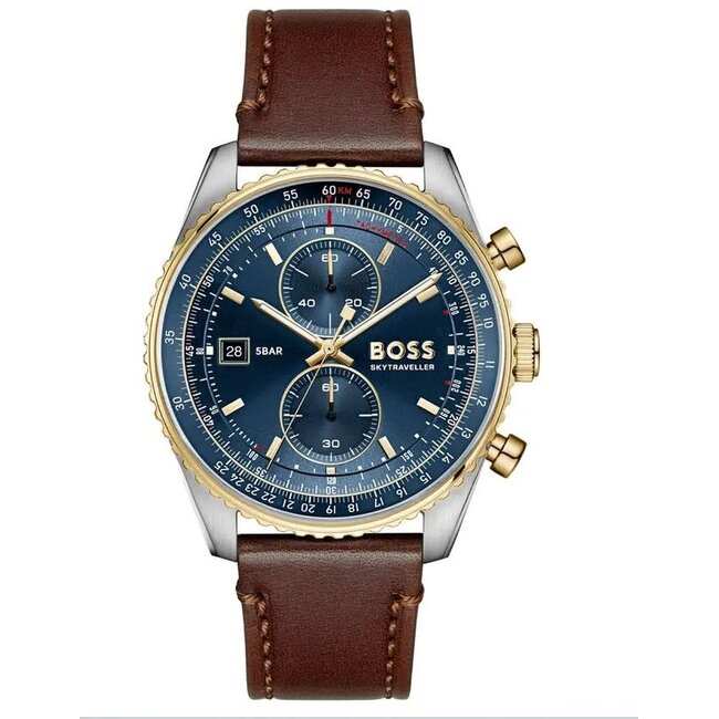 BOSS Boss Horloge HB1514346 Skytraveller Pro Staal Quartz  Bruine Leren Band met Blauwe Wijzerplaat 43mm