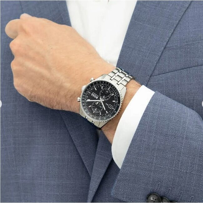 BOSS Boss Horloge HB1514349 Skytraveller Pro Staal Quartz Chronograaf met Zwarte Wijzerplaat 43mm
