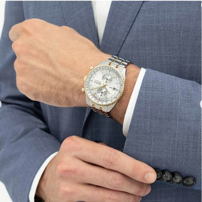 BOSS Boss Horloge HB1514350 Skytraveller Pro Quartz Staal Bi-Color  met Zilverkleurige Wijzerplaat 43mm