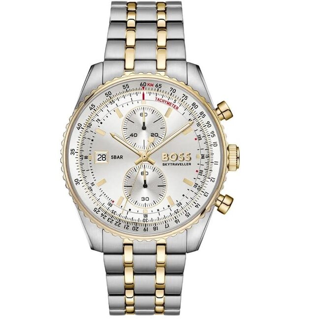 BOSS Boss Horloge HB1514350 Skytraveller Pro Quartz Staal Bi-Color  met Zilverkleurige Wijzerplaat 43mm