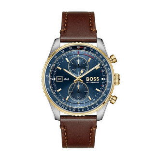 BOSS Boss Horloge HB1514346 Skytraveller Pro Staal Quartz  Bruine Leren Band met Blauwe Wijzerplaat 43mm