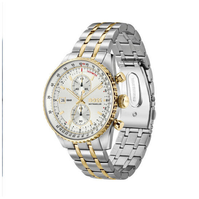 BOSS Boss Horloge HB1514350 Skytraveller Pro Quartz Staal Bi-Color  met Zilverkleurige Wijzerplaat 43mm