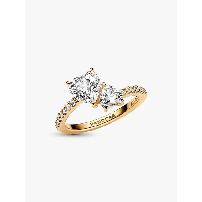 Pandora Pandora Ring 161198C01-48 Zilver met Geelgouden Plating met Dubbel Hart Zirkonia Maat 48