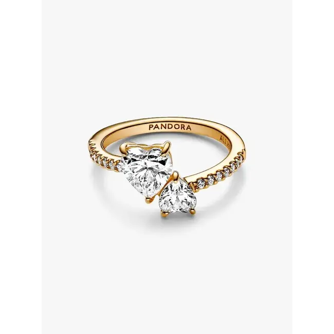 Pandora Pandora Ring 161198C01-48 Zilver met Geelgouden Plating met Dubbel Hart Zirkonia Maat 48