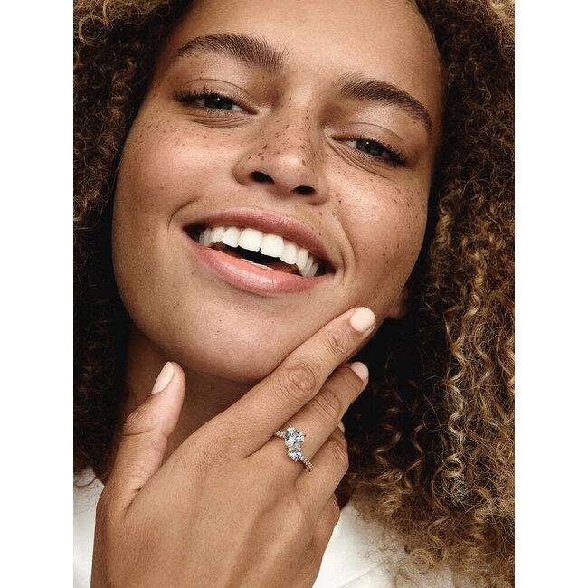 Pandora Pandora Ring 161198C01-48 Zilver met Geelgouden Plating met Dubbel Hart Zirkonia Maat 48