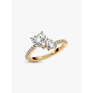 Pandora Pandora Ring 161198C01-52 Zilver met Geelgouden Plating met Dubbel Hart Zirkonia Maat 52