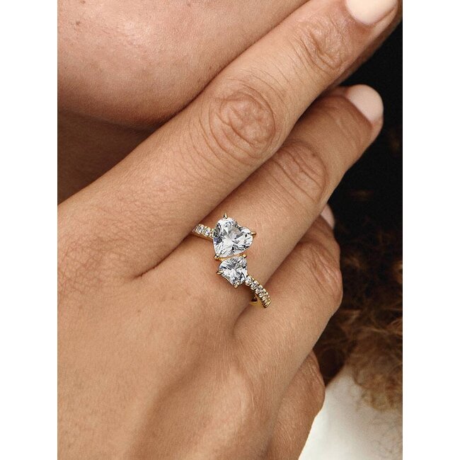 Pandora Pandora Ring 161198C01-52 Zilver met Geelgouden Plating met Dubbel Hart Zirkonia Maat 52