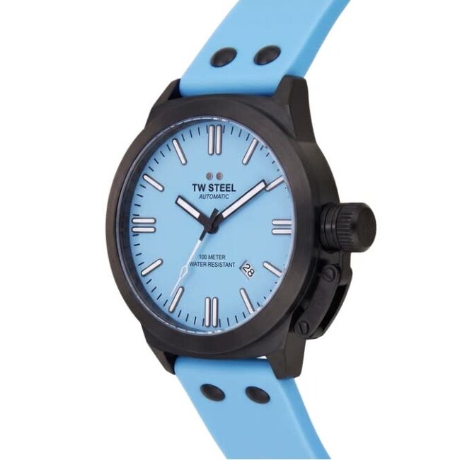 TW Steel TW Steel Horloge CS128 Canteen Automaat Staal met Zwarte Plating 100m Waterdicht en Licht Blauwe Horlogeband 44mm