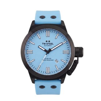TW Steel TW Steel Horloge CS128 Canteen Automaat Staal met Zwarte Plating 100m Waterdicht en Licht Blauwe Horlogeband 44mm