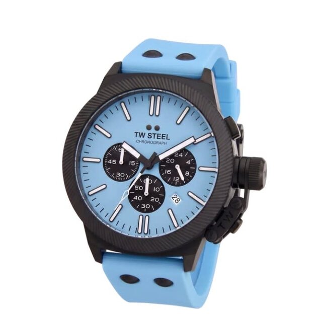 TW Steel TW Steel Horloge CS129 Canteen Staal met Zwarte Coating Quartz Chronograaf met Licht Blauwe Wijzerplaat 44mm