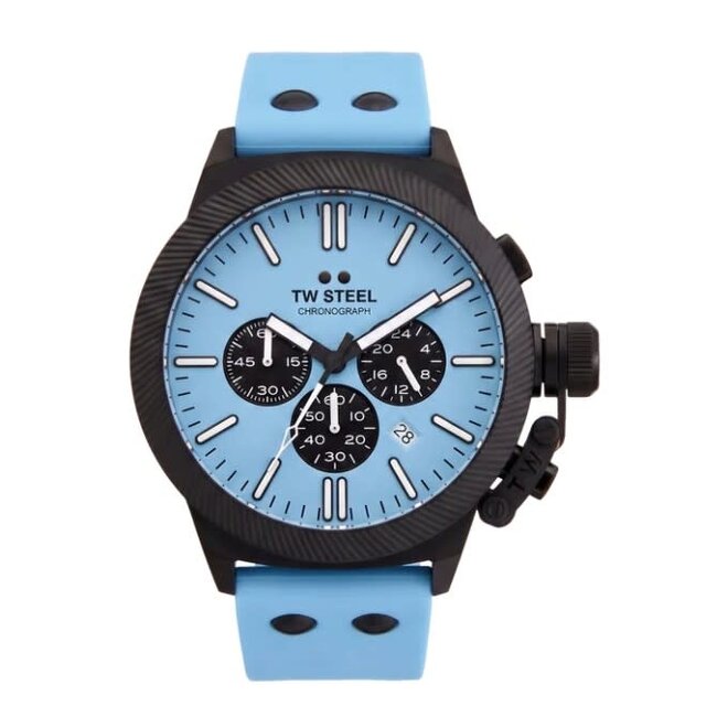 TW Steel TW Steel Horloge CS129 Canteen Staal met Zwarte Coating Quartz Chronograaf met Licht Blauwe Wijzerplaat 44mm