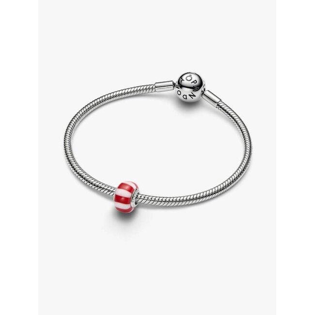 Pandora Pandora Bedel 735071C01 Platinum Plated met Rood en Wit Murano Glas