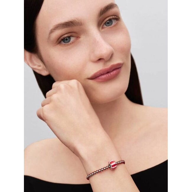 Pandora Pandora Bedel 735071C01 Platinum Plated met Rood en Wit Murano Glas