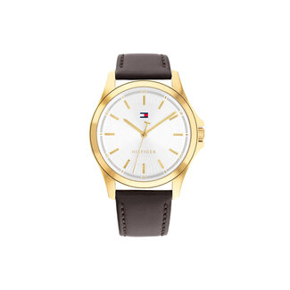 Tommy Hilfiger Tommy Hilfiger Horloge TH1792204 Bruce Staal met Geelgouden Plating en Bruin Leren Horlogeband 43mm