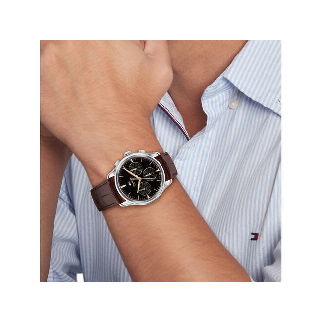 Tommy Hilfiger Tommy Hilfiger Horloge TH1710808 The Empire Staal Quartz Chronograaf met Bruine Leren Horlogeband 34mm