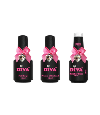 Diva Pro Trio Nail Prep, Primer Ultrabond & Rubber Base Pro Clear 3x 15 ml.