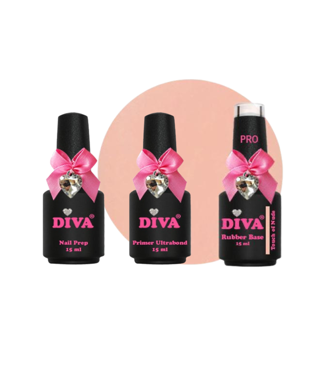 Diva Pro Trio Nail Prep, Primer Ultrabond & Rubber Base Pro Touch of Nude 3x 15 ml.