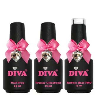 Diva Pro Trio Nail Prep, Primer Ultrabond & Rubber Base Pro White 3x 15 ml.