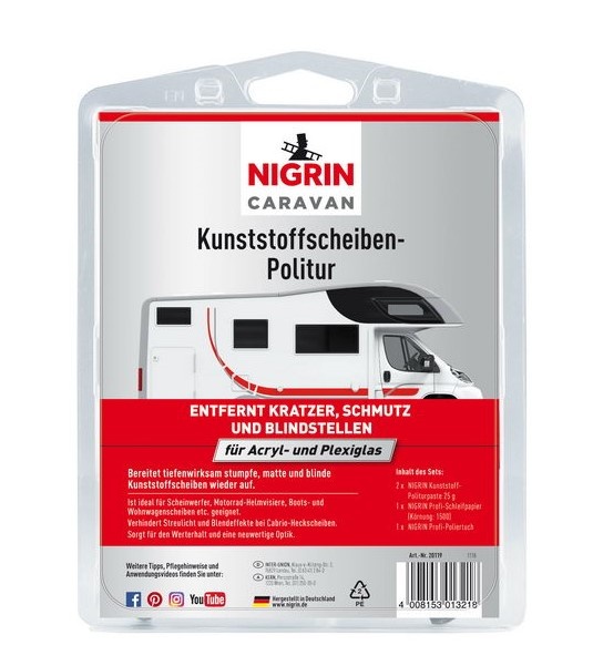 Nigrin NIGRIN CARAVAN Kunststoffscheiben-Politur (Set: 2x Politurpaste 25 g, Schleifpapier, Poliertuch)