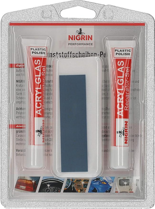 Nigrin NIGRIN CARAVAN Kunststoffscheiben-Politur (Set: 2x Politurpaste 25 g, Schleifpapier, Poliertuch)