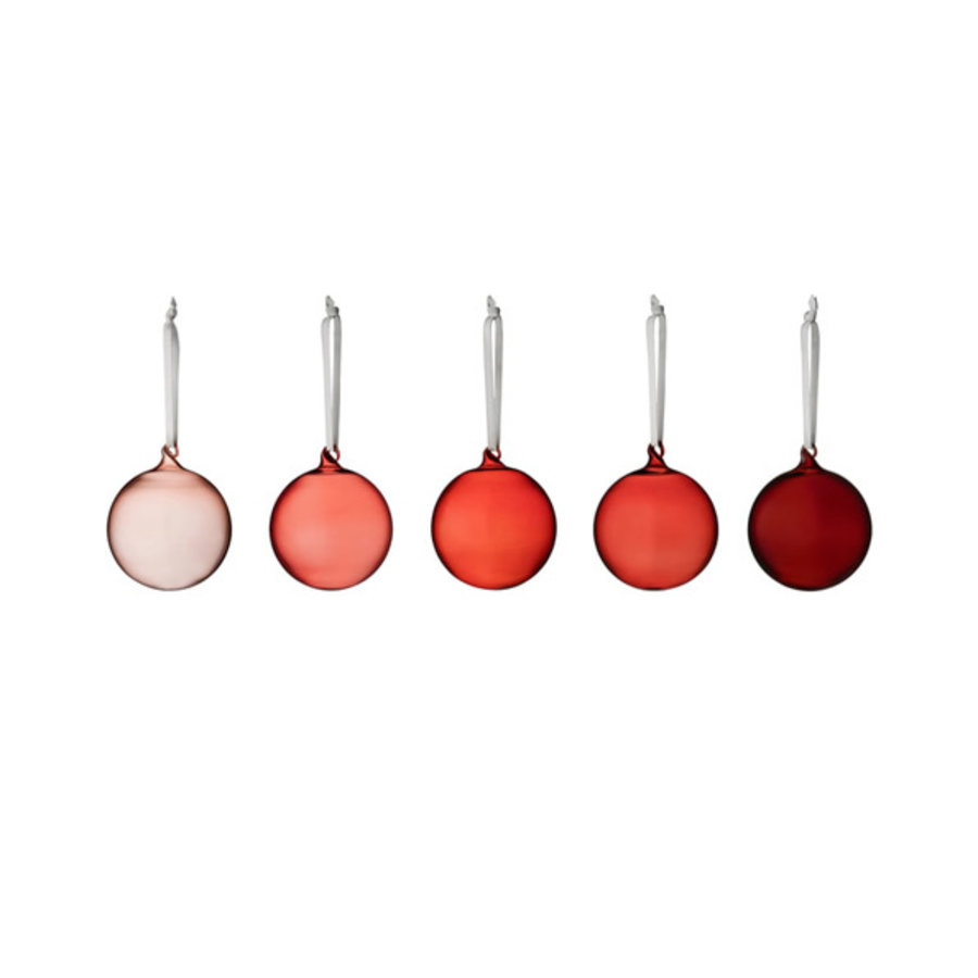 Set 5 glazen kerstballen 8 cm in tinten van rood-1