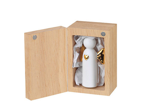  Räder Engel wit porselein goud / Beschermengel in houten doosje 