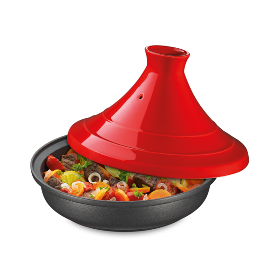 Tajine zwart gietijzer 28 cm met rood deksel in keramiek-1